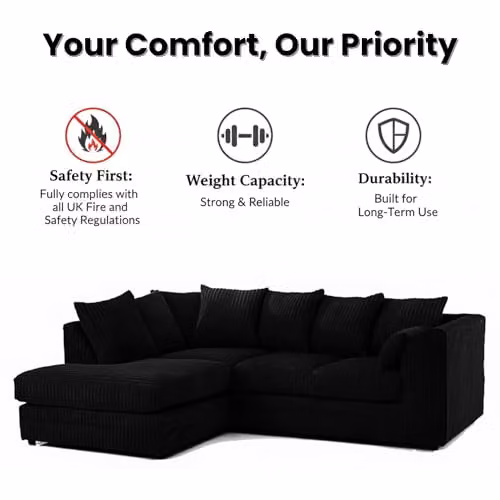 SofaSelection Jumbo Cord Left Hand Corner Sofa in Black, L-Shaped 4-5 Seater Fabric Couch with Deep-Filled Scatter Cushions, W/D/H: 212 x 90 x 90 cm – 3