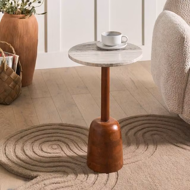 Wyld and Coco Round Side Table with Marble Top and Walnut Veneer Mango Wood Base in Brown