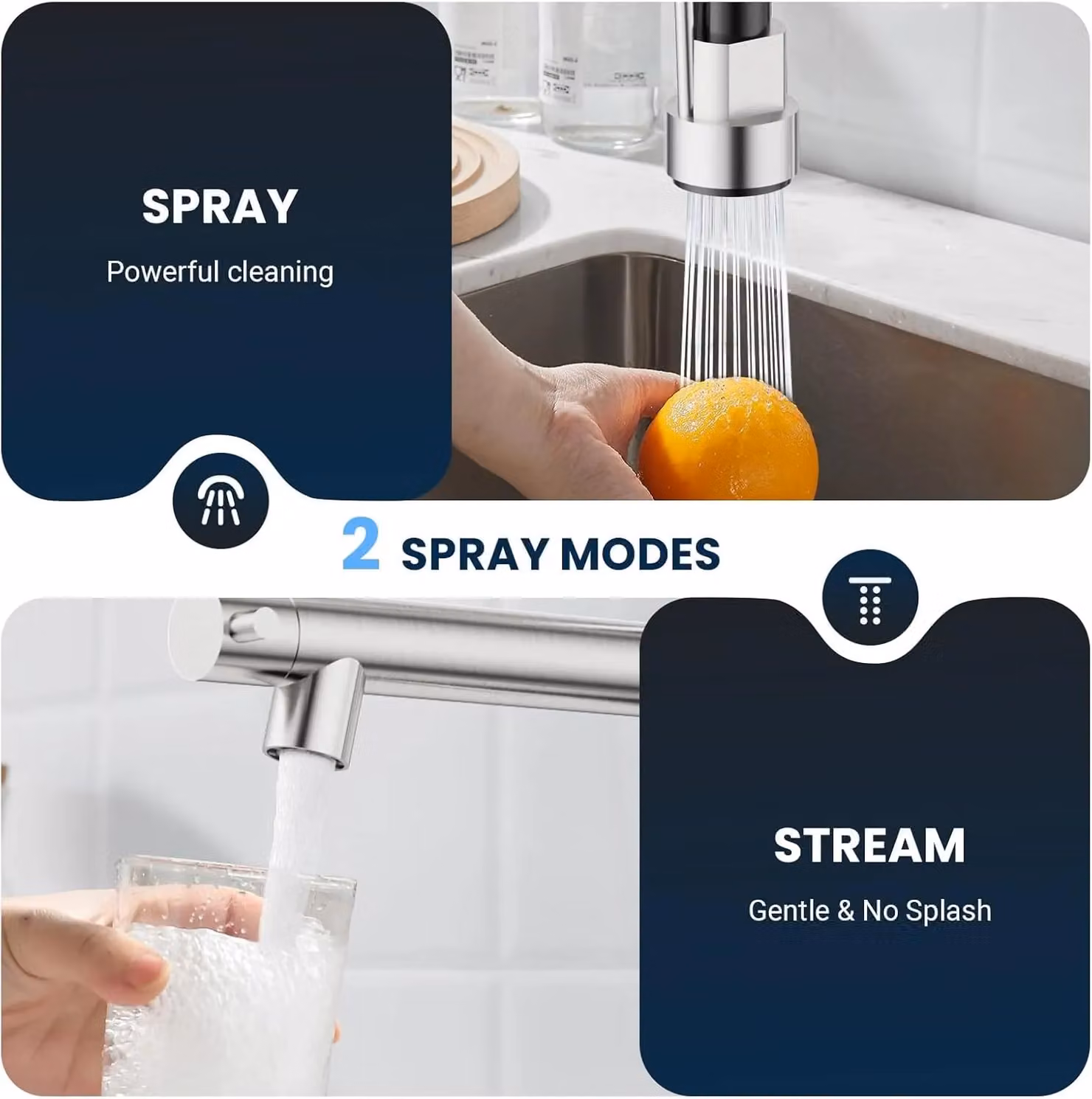 Blylund Kitchen Sink Mixer Tap with Two Spouts and Pull Out Sprayer in Brushed Silver Stainless Steel – 4