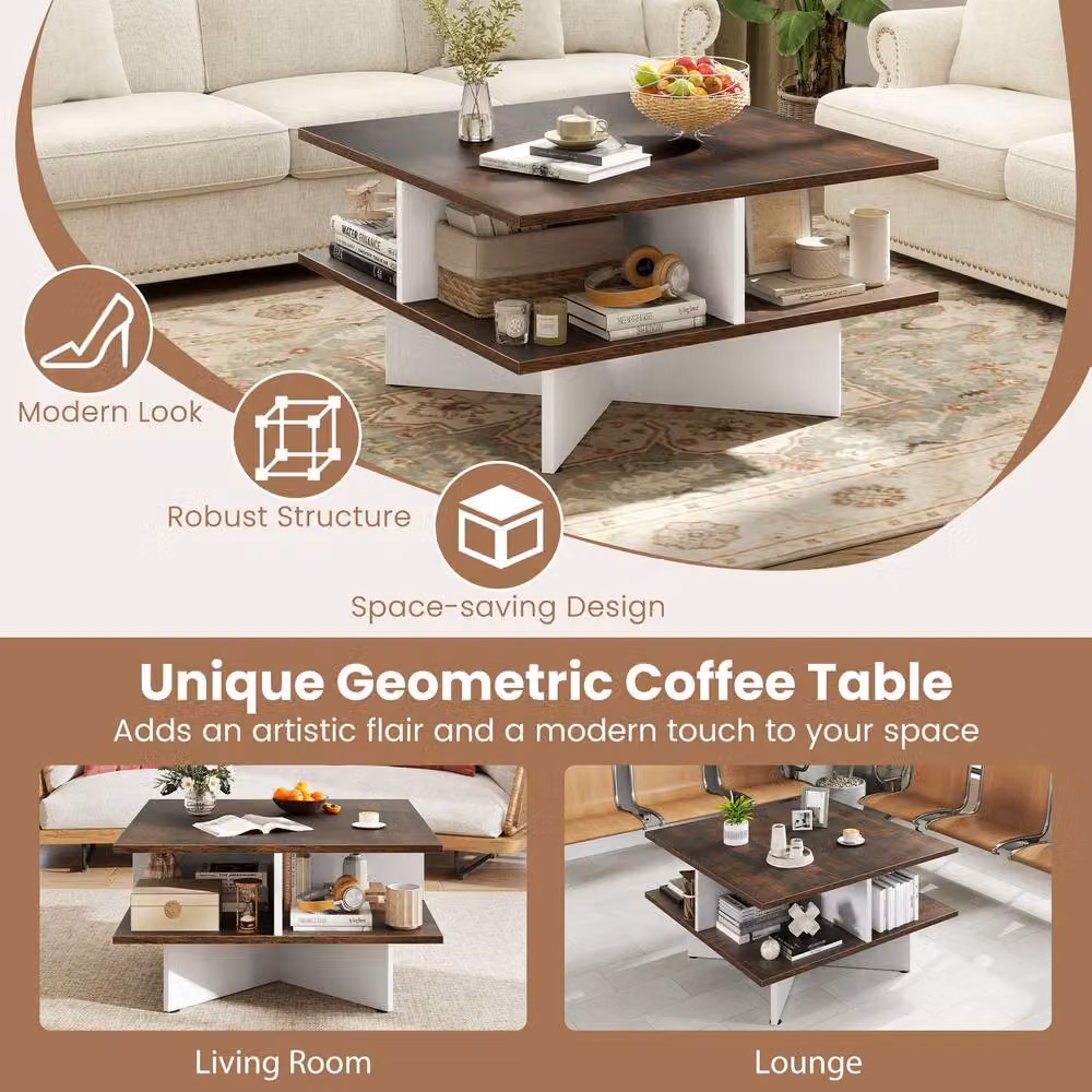 Gymax 2-Tier Square Coffee Table in Dark Brown, W/D/H: 60 x 60 x 33 cm – 4