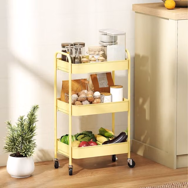 HOMCOM 3 Tier Rolling Utility Cart with 3 Mesh Baskets in Yellow