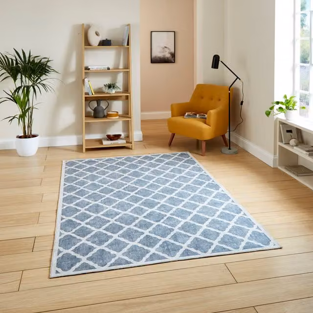 Terrys Modern Diamond Patterned Flat Weave Rectangular Rug in Grey and Blue