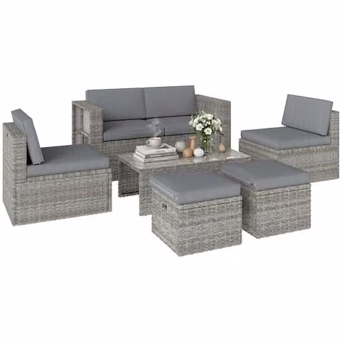 Outsunny 6 Piece Rattan Garden Furniture Set in Grey with Upholstered Cushions – 1