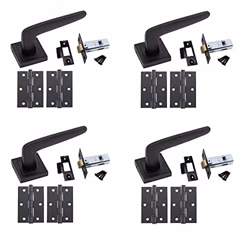 Golden Grace Venus Door Handles with Latch on Square Rose in Matt Black, 4 Sets