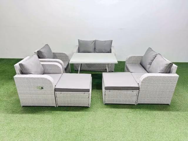 Fimous 8 Seater PE Rattan Garden Furniture Set with Metal Frame and Glass in Light Grey