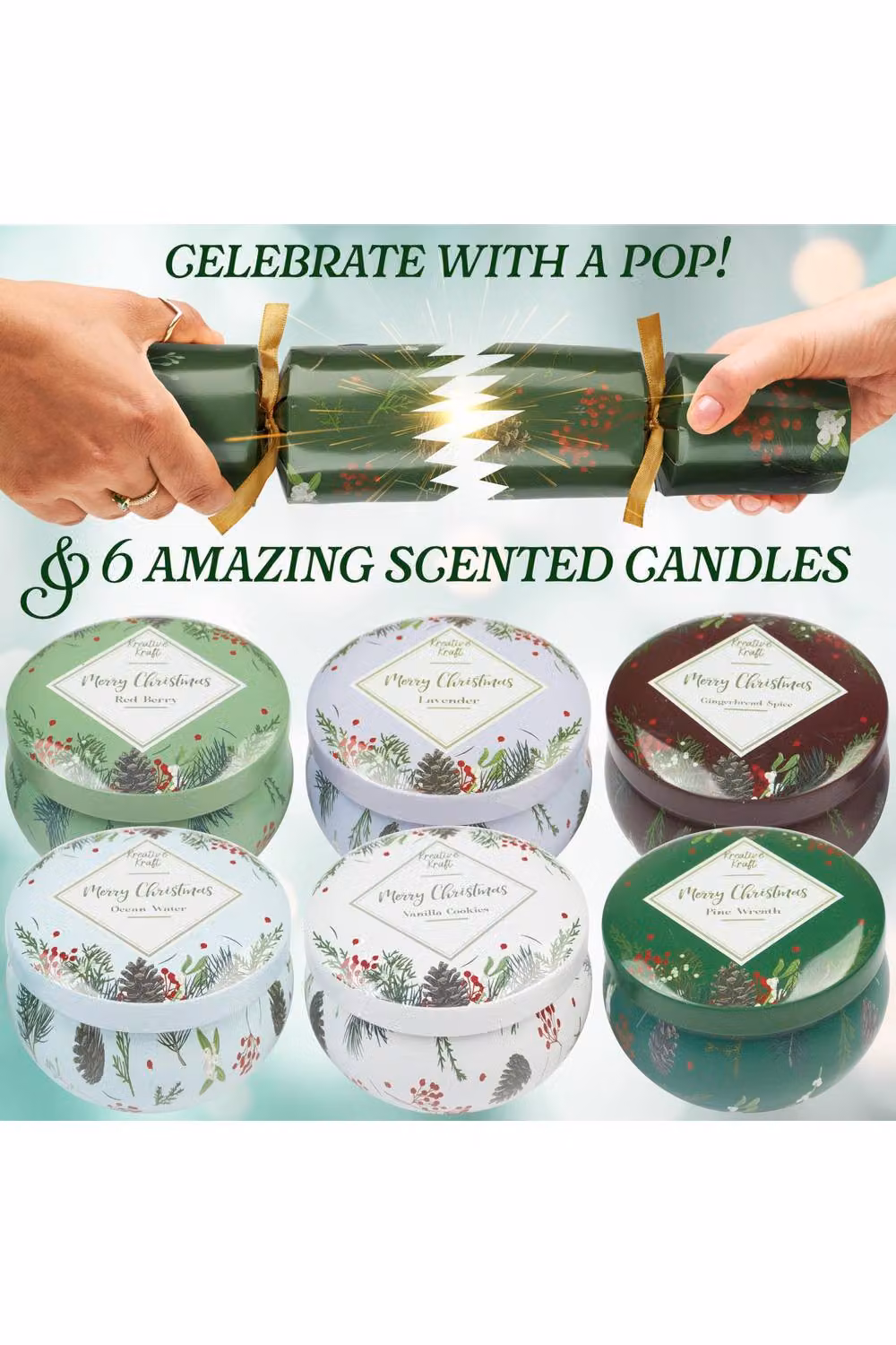KreativeKraft Luxury Christmas Candle Crackers, 6 Pack Floral Design in Green Tin – 6