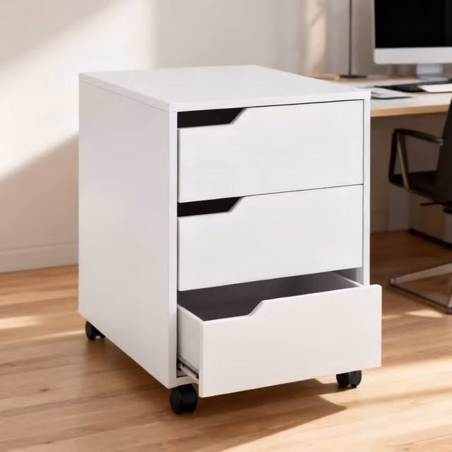 ERGOVEXA 3 Drawer Mobile File Cabinet in White Matt MDF with Castors – 1