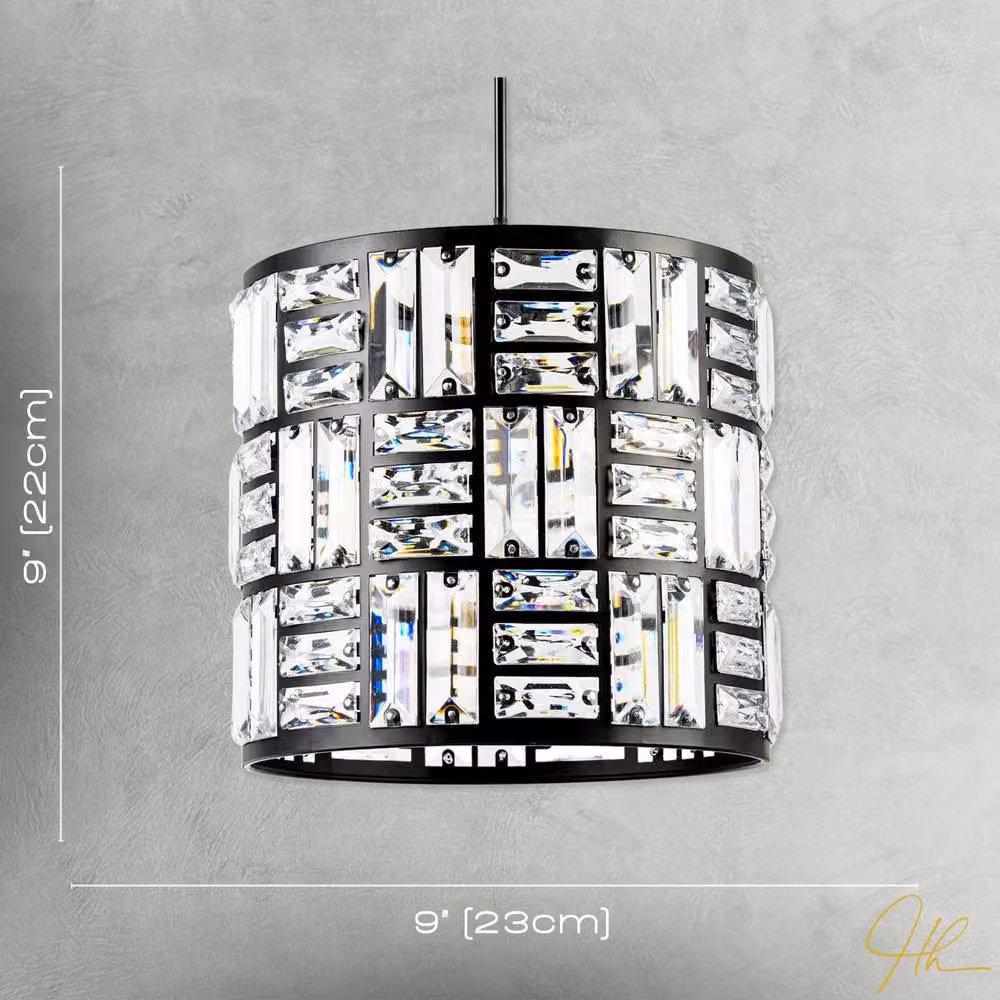 Happy Homewares Modern Circular Drum Matte Black Pendant Shade with Transparent Acrylic Rods – 4