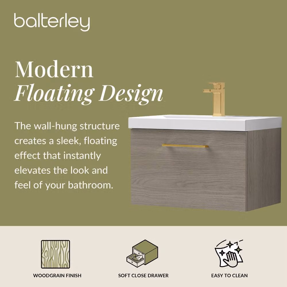 Balterley Mid Oak Wall Hung 1 Drawer Vanity Basin Unit with Brass Handle, Brown – 2