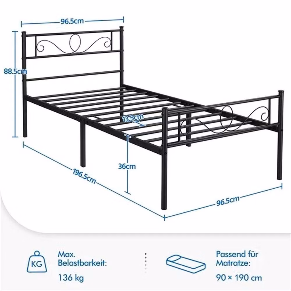 NESTLUNE Single Metal Bed Frame, Black Industrial Iron Platform Bed, W/D/H: 90 x 190 cm – 5