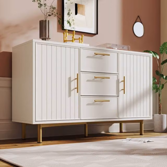 Merax White and Gold Fluted Sideboard Cabinet with Adjustable Shelves and Drawers – 1
