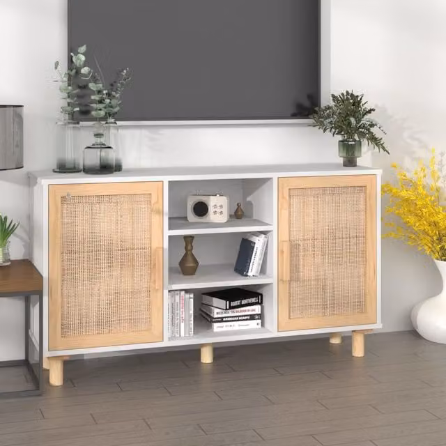 Berkfield Home White Sideboard in Solid Pine and Natural Rattan, W/D/H: 105 x 30 x 60 cm – 1