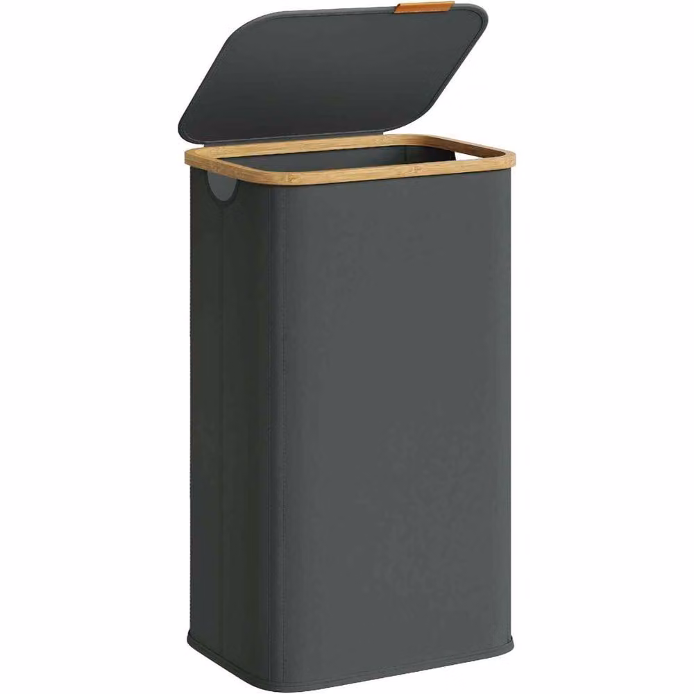 The Bazaarist Foldable Laundry Hamper with Lid, Bamboo Frame and Fabric, Dark Grey – 2