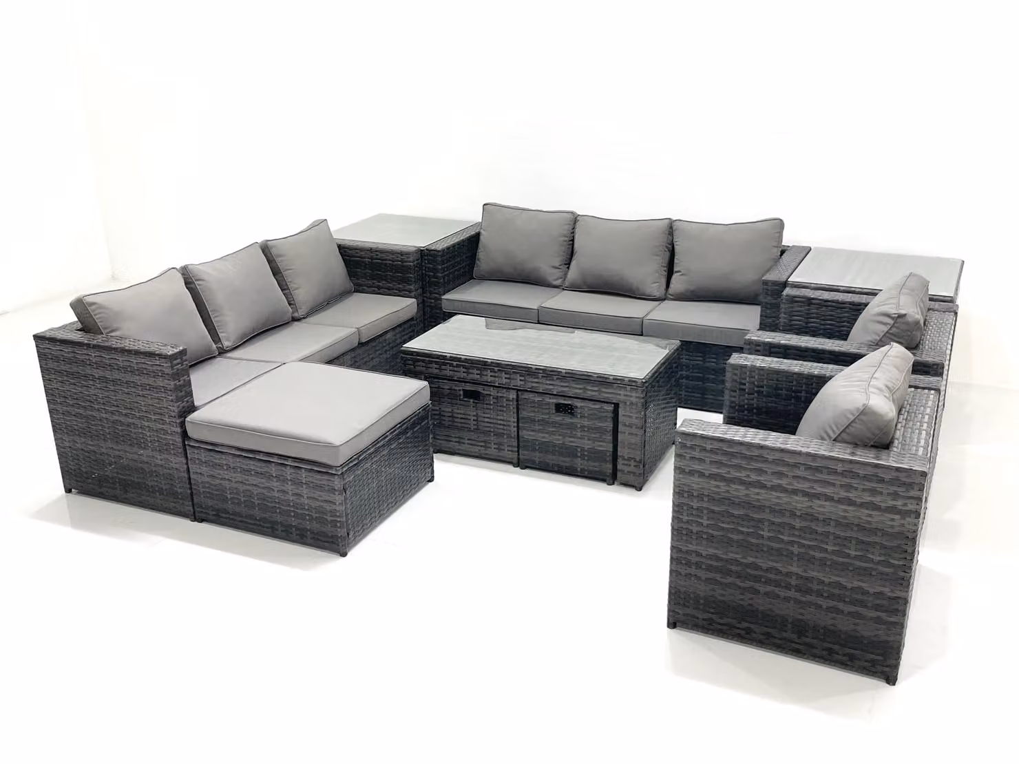 Fimous Rattan Garden Furniture Set in Dark Grey with Upholstered Cushions, Coffee Table, Armchair, Side Tables and Footstools – 2