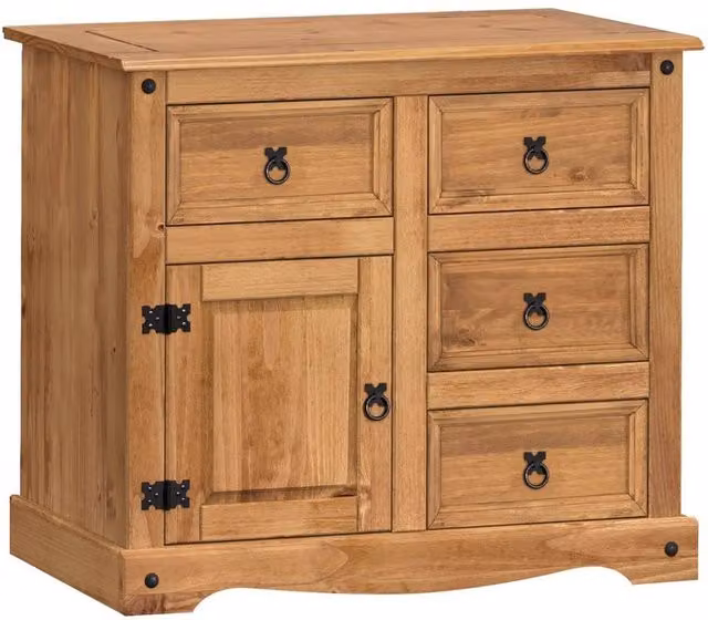 PAWNORA Rustic Brown Waxed Pine Sideboard with 1 Door and 4 Drawers