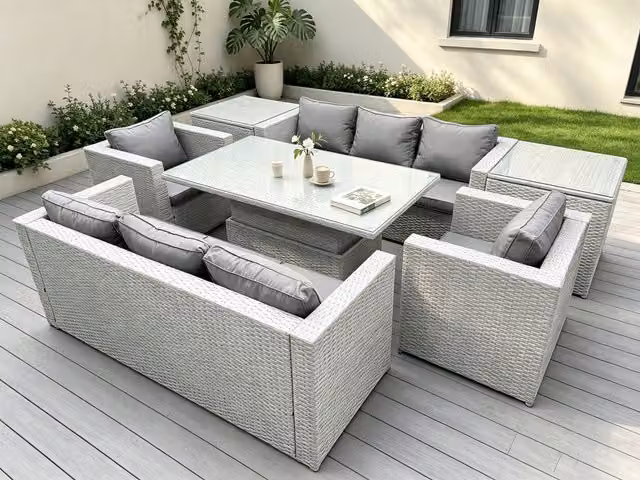 Fimous Rattan Garden Furniture Set in Grey with 3-Seater Sofa, 2 Armchairs, Adjustable Lifting Table and Cushions – 1