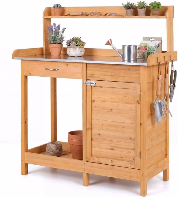 Costway Garden Potting Bench Wood Plant Workstation with Lockable Cabinet in Brown