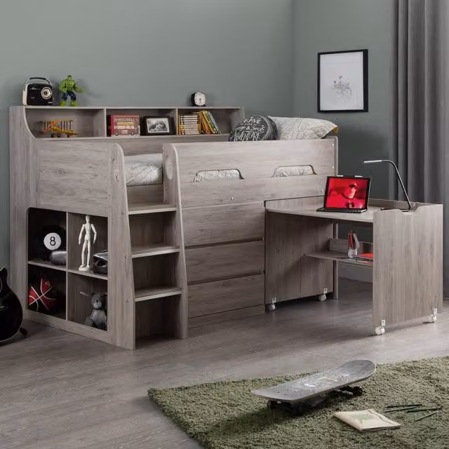 Julian Bowen Jupiter Grey Oak Midsleeper Cabin Bed with Stairs and Drawers, W/D/H: 90 x 190 cm