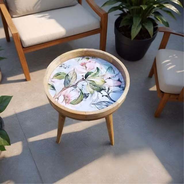 Hartsmede Mango Wood Round Side Table with Pink Floral Enamel Resin Top and Detachable Legs, H 36 cm x W 38 cm