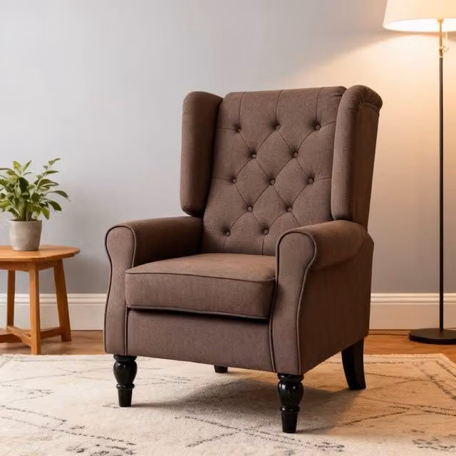 ERGOVEXA Brown Fabric Wingback Accent Chair with Solid Wood Frame, H: 86.0 cm, W: 102.0 cm, D: 74.0 cm – 1
