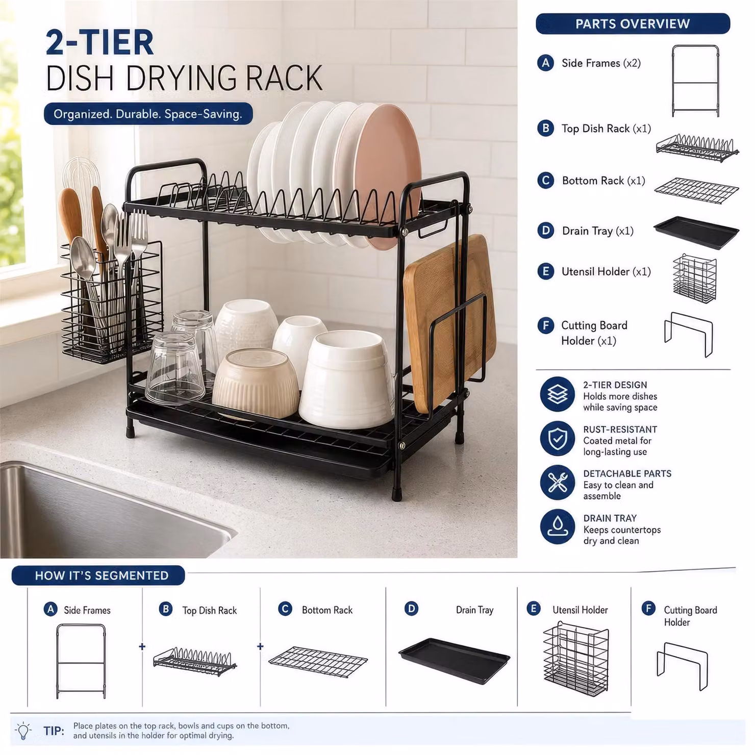 Harbour Housewares 2 Tier Metal Dish Drainer Rack with Drip Tray and Cutlery Holder, Black, W/D/H: 40.0 x 30.0 x 21.0 cm – 10
