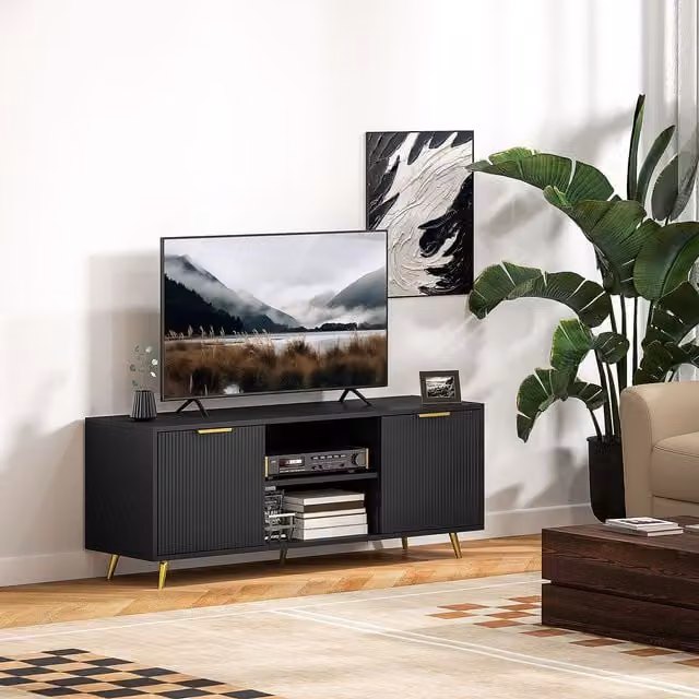 HOMCOM Modern Black TV Stand Cabinet with Media Storage for Living Room and Bedroom