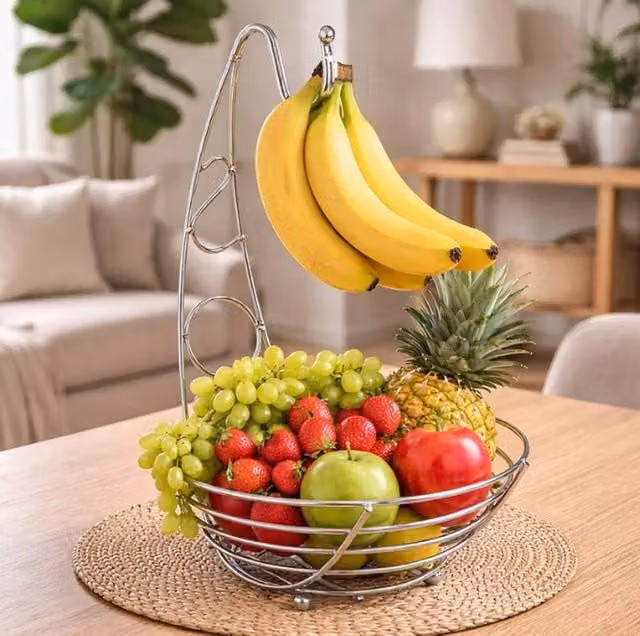 Marco Paul 2 in 1 Silver Metal Fruit Bowl Basket and Banana Hook Stand Holder
