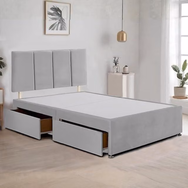 Bed Time UK Plush Velvet Divan Bed Frame with 2 Drawers and 20 inch Vertical Line Headboard in Silver, Super King, W/D/H: 200 x 200 cm