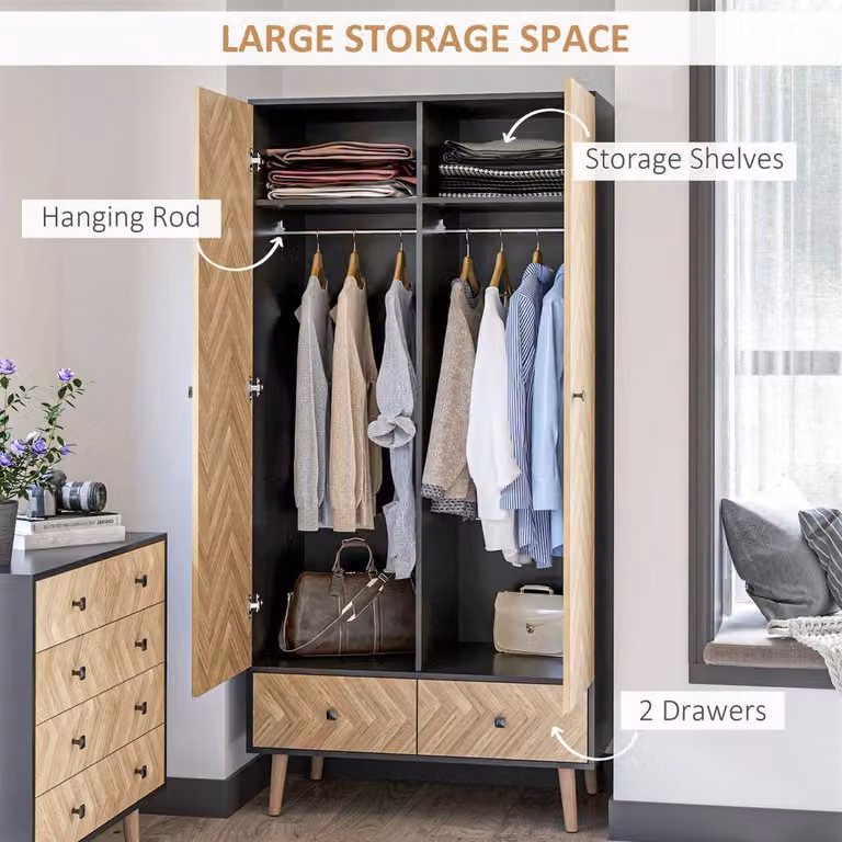 Wyld Haus Grey Wood Grain Wardrobe with Hanging Rods and Drawers W/D/H: 90 x 50 x 190 cm