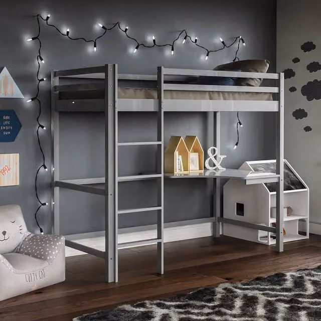 Vida Designs Sydney Bunk Bed with Desk in Grey Solid Wood