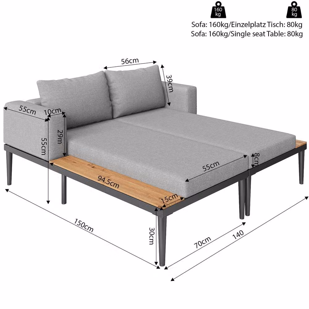 BTM Double Chaise Lounge Garden Furniture with Grey Upholstered Cushions and Wooden Side Panels W/D/H: 200 x 140 x 55 cm – 2