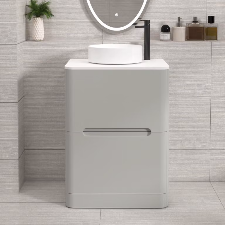 Royal Bathrooms Venice 600mm Floor Standing Vanity Unit in Dove Grey with White Worktop and Art Deco Basin