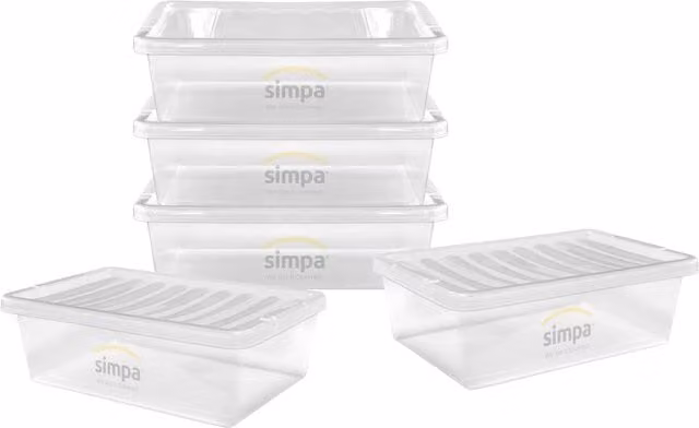 Simpa Set of 5 Compact Underbed Plastic Storage Boxes with Lids, 32L, Transparent