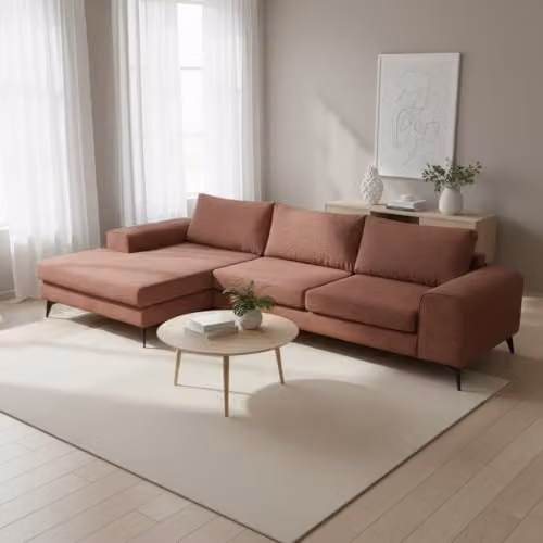 Abakus Direct Venice Modern L-Shaped Corner Sofa in Burgundy Fabric with Scatter Back Cushions and Left Hand Facing Orientation