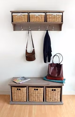 Tetbury Statement Furniture Acacia Wood Wall-Mounted Coat Rack with Storage Baskets and Hanging Shelf, W: 113 cm, H: 43 cm, D: 28 cm – 3