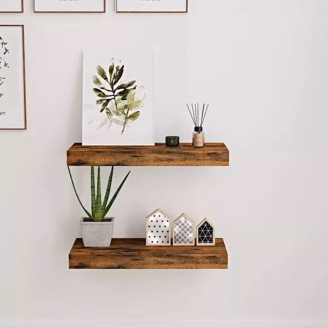 Kelvenix Set of 2 Brown Industrial Wall Mounted Floating Shelves for Bathroom and Kitchen, W: 40 cm, D: 10 cm, H: 3.8 cm