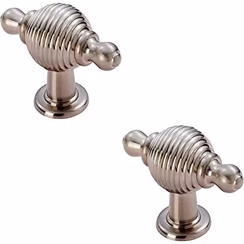 Loops 2 Pack Reeded Beehive Style Cabinet Door Knobs with Finials in Brushed Nickel Plated Silver, 26mm Diameter Rose – 1