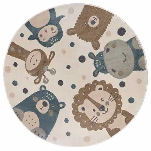 Hanse Home Adventures Round Childrens Rug with Animal Pattern in Cream, Brown and Blue, Diameter: 140 cm