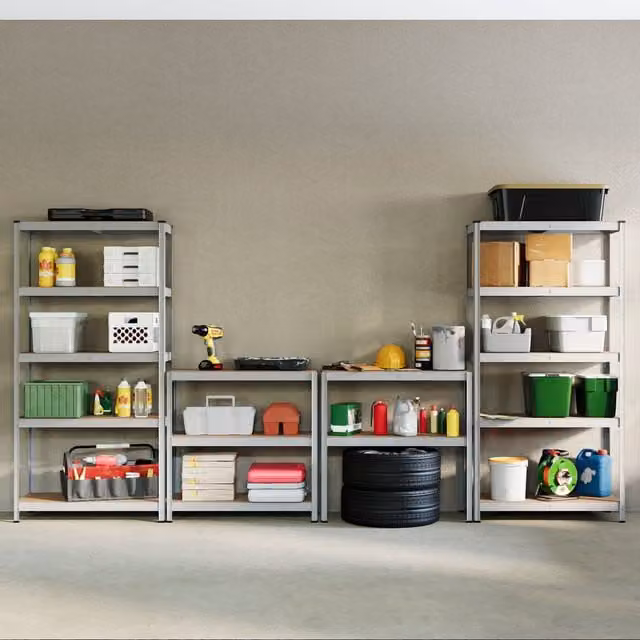 Home Discount Home Vida Set of 3 Heavy Duty 5 Tier Garage Shelves and Work Benches in Metallic Silver