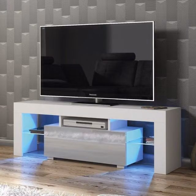 Creative Furniture Floe Modern TV Unit with Glossy Grey and White Doors and LED Lights W/D/H: 130 x 35 x 45 cm