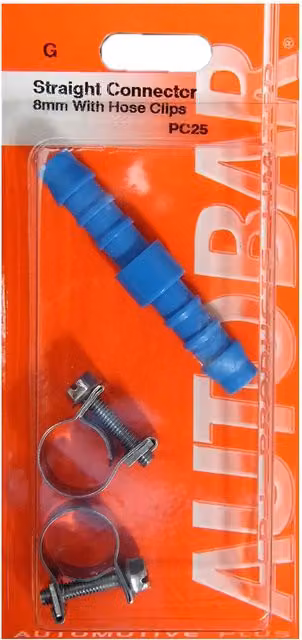 Autobar Straight Connector with Hose Clips, Blue, 8mm