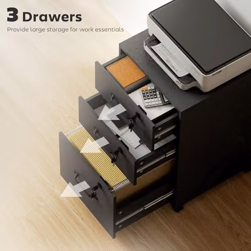 HOMCOM Mobile 3 Drawer Filing Cabinet with Lock and Castors, Black, H 69.5 x W 40 x D 40 cm – 4