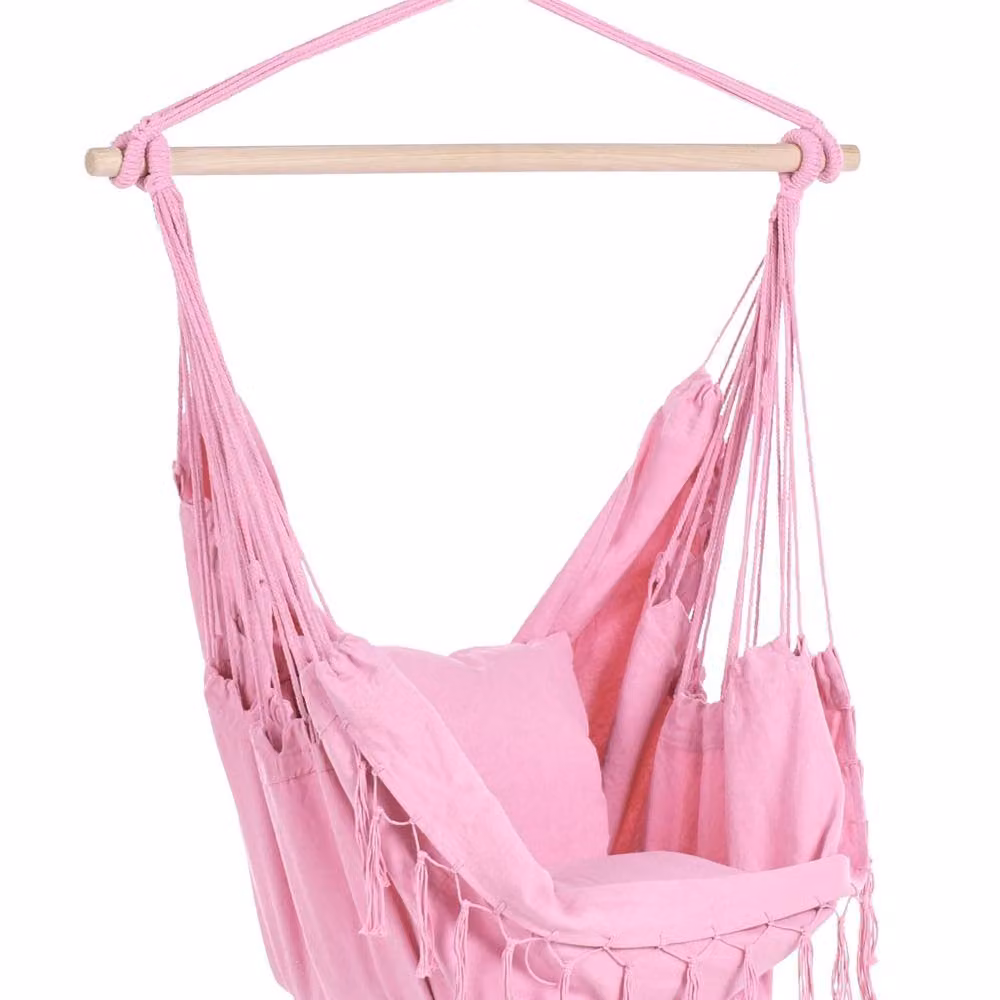Wyld and Coco Pink Cotton-Polyester Boho Hanging Hammock Chair with Beech Wood – 2