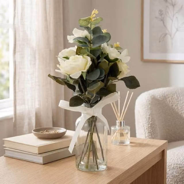 Madison & Mayfair White Artificial Roses in a Glass Vase – 1