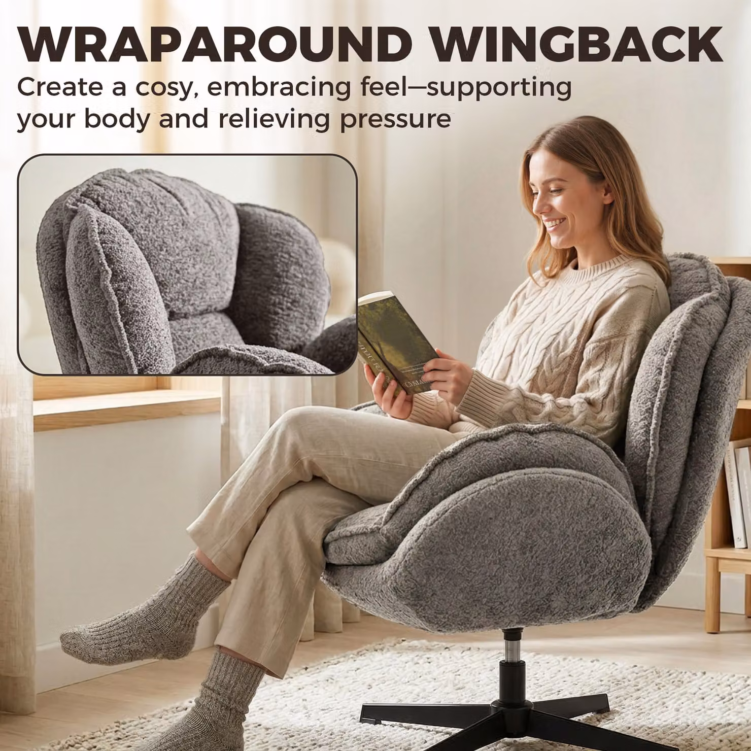 HOMCOM Modern Grey Velvet Swivel Accent Chair with Shell Design and Armrests – 3