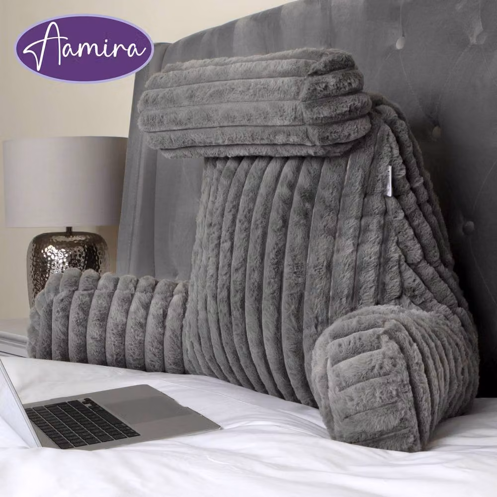 Aamira Grey Faux Fur Ribbed Memory Foam Reading Pillow Wedge Support Cushion W/D/H: 50 x 50 x 66 cm – 10