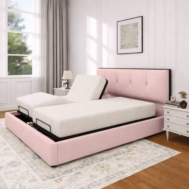 Paradise Beds Ltd Heavy Duty Adjustable Mobility Bed with Mattress and 24 inch Headboard in Light Pink, Double Size, W/D/H: 140 x 200 cm