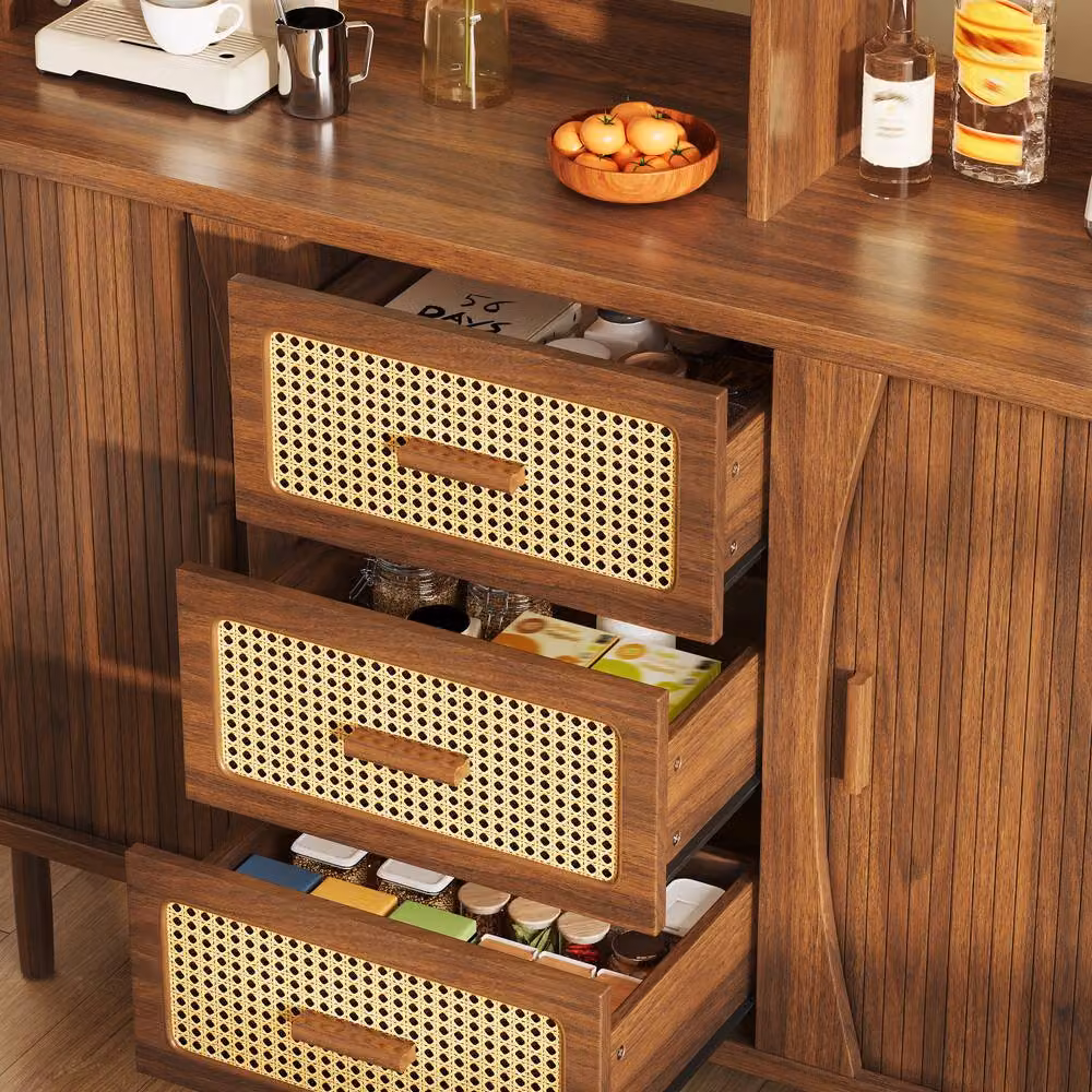 BTM Mid-Century Tall Kitchen Storage Unit with Glass Sliding Doors in Brown, W/D/H: 140 x 40.5 x 174.5 cm – 6
