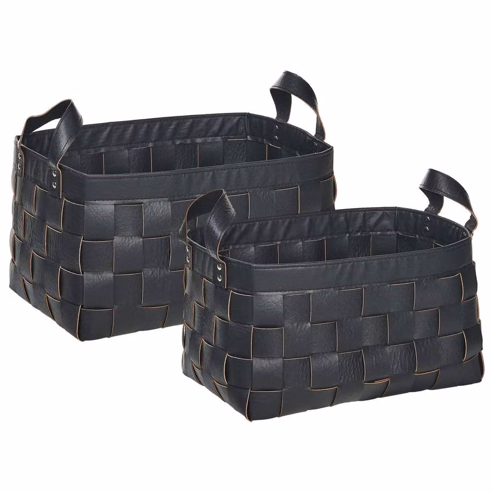 Wyld and Coco Set of 2 Black Faux Leather Storage Baskets with Handles – 2