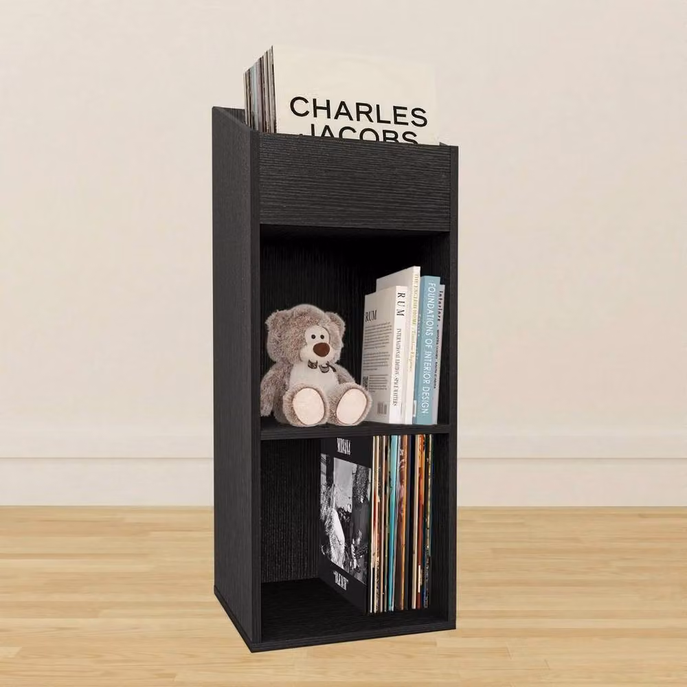 FLAVORA Black Vinyl Record Storage Organiser with Media Compartments and Back Panel – 2